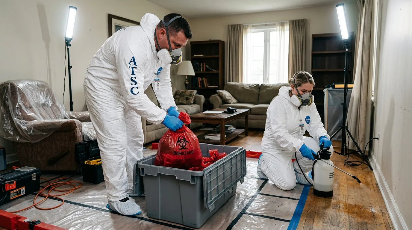 Professional Unattended Death Cleanup technician in full PPE working in Cave Creek